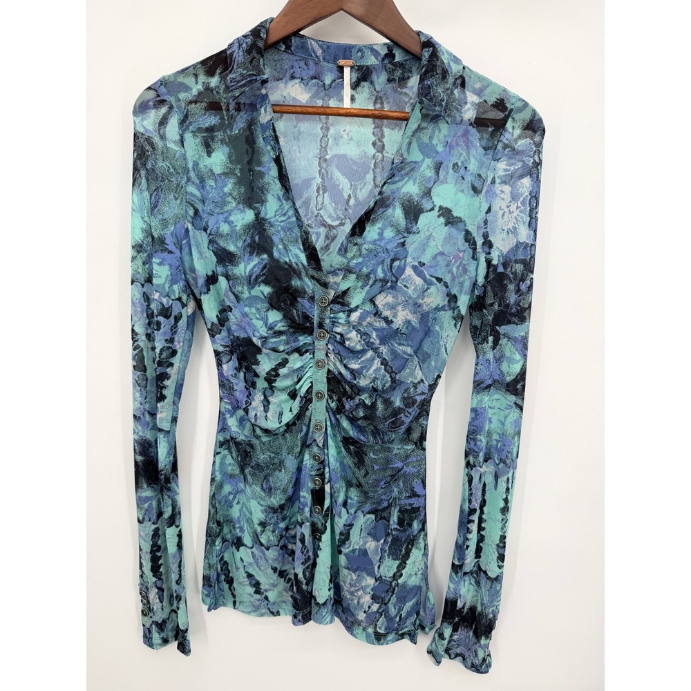 Free People Mesh Top Women XS Blue Good Ruched Floral Long Sleeve Blouse
